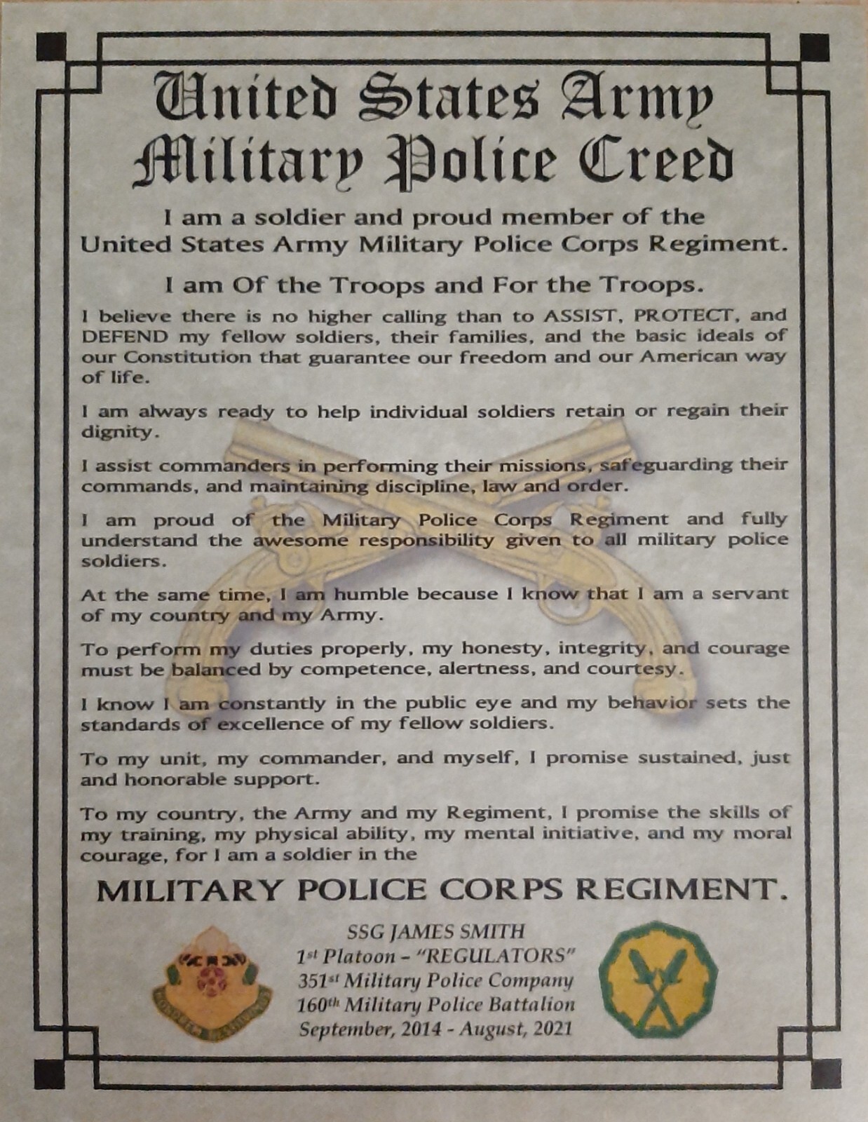 MC-NICE: ARMY Military Police MP Creed ALL UNITS PERSONALIZED