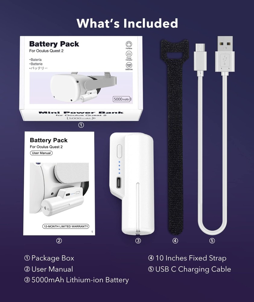 5000mAh Rechargeable for Meta/Oculus Quest 2 Accessories Battery Pack