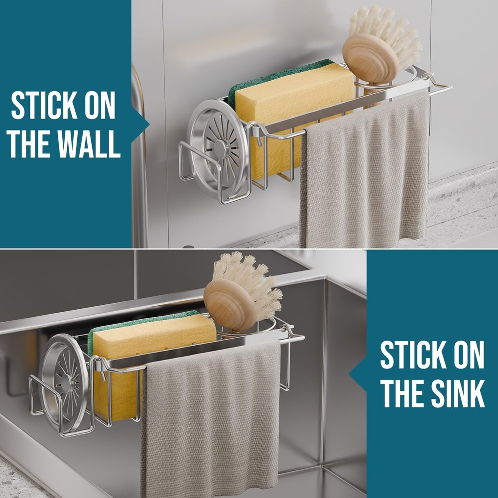 Sponge Holder with Strong Suction Cup, 4-in-1 Rustproof Sink Organizer - Sink...