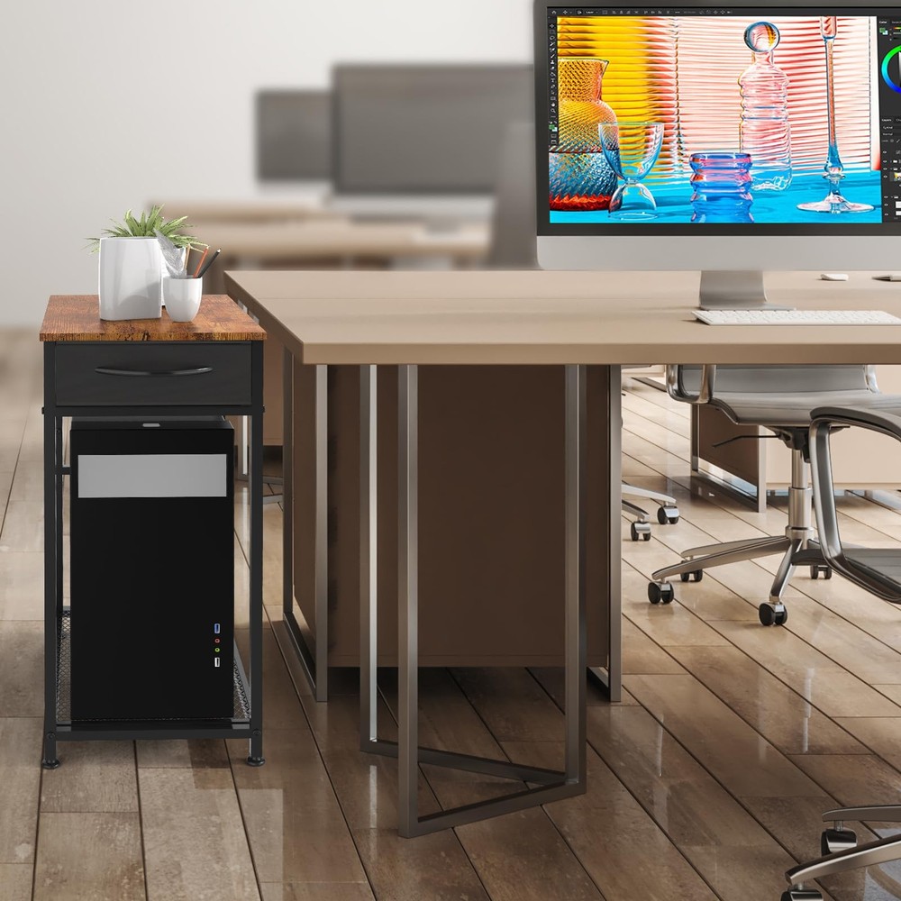 Computer Tower Stand PC with Storage Drawer 2 Tier Wood Brown
