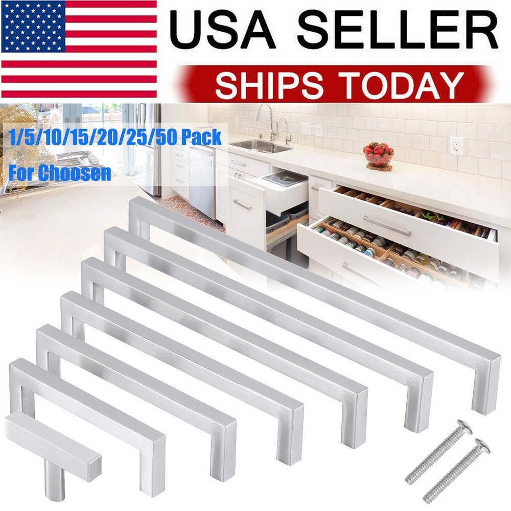 Silver Brushed Square Modern Cabinet Handle Pulls Kitchen Drawer Stainless Steel