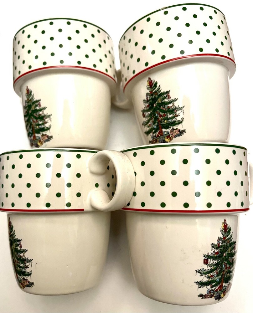 SPODE Mugs, "Christmas Tree", Polka Dot Ceramic, 4, Replace, Add or COLLECT!