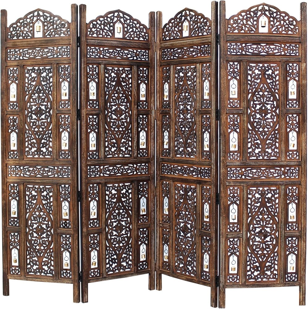 Hand Carved Wooden Room Divider Folding Privacy Screen 4 Panel Reversible Boho
