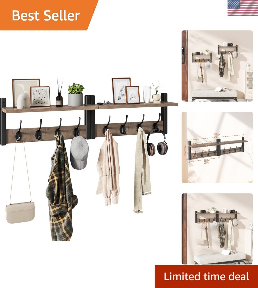 Versatile Wall Coat Hooks with Floating Shelf - 8 Hooks, 2 Pack in Silver Gray