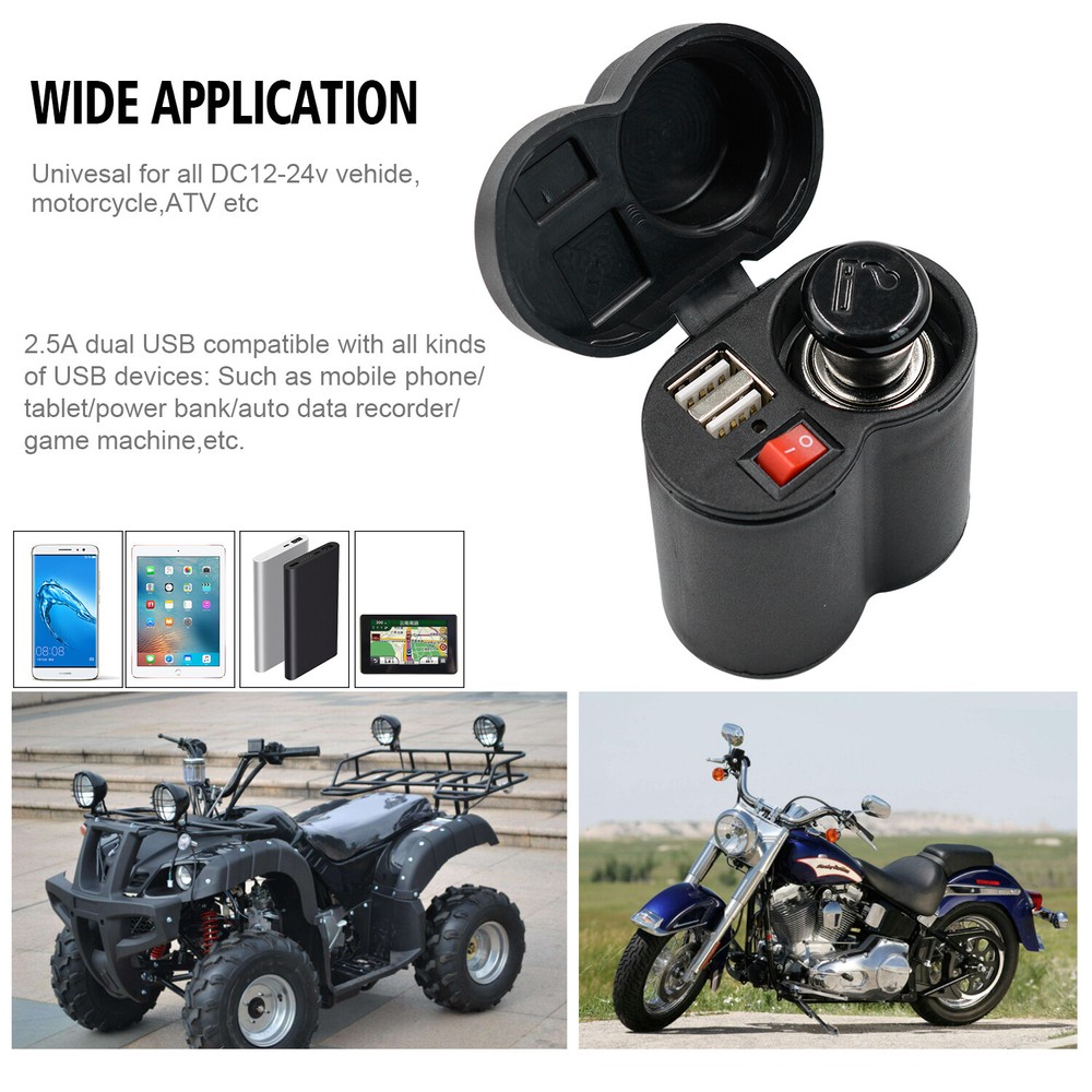 Motorcycle Cigarette Lighter Socket USB Quick Charger Voltmeter Digital Clock