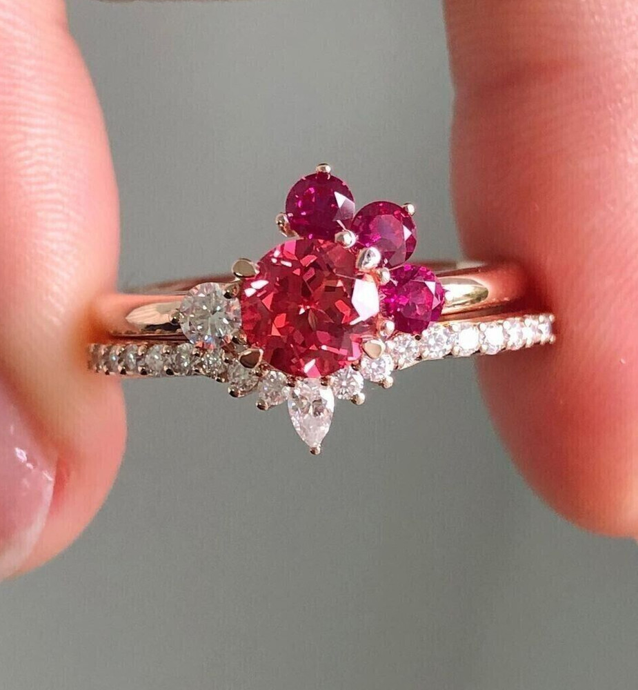 Women's Lab Created Ruby & Diamond Classic Wedding Bridal Set Ring 925 Silver