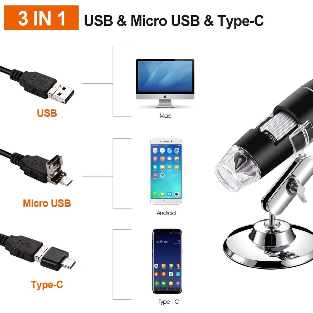 Digital Microscope 40X-1000X, 8 LED, Android Windows Linux Mac Compatible