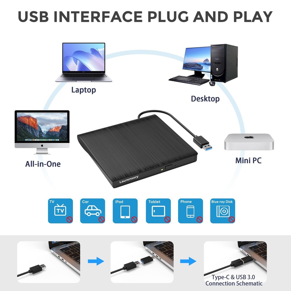 External DVD Drive USB 3.0 Type-C Portable CD Player for Laptop Black