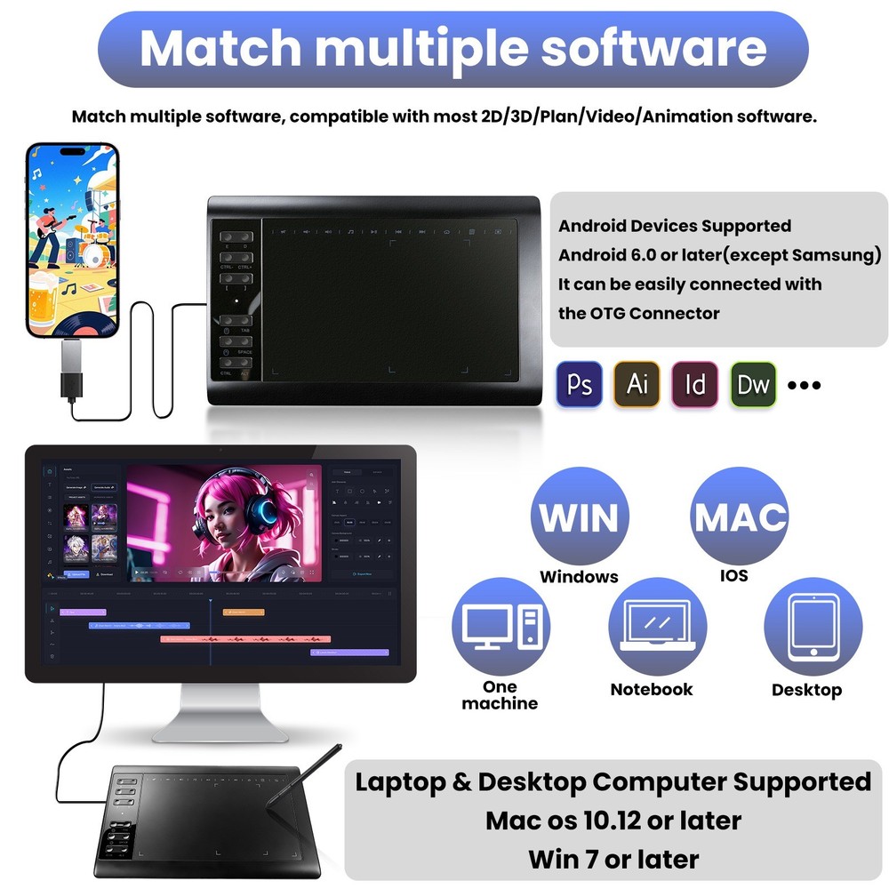 Pro Digital Drawing Tablet with 10x6 inch Screen, Graphics tablet, 12 Shortkey