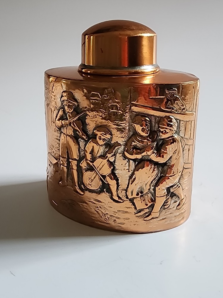 Antique Bright COPPER Tea Caddy Repousse People In Streets Hallmarks On Bottom