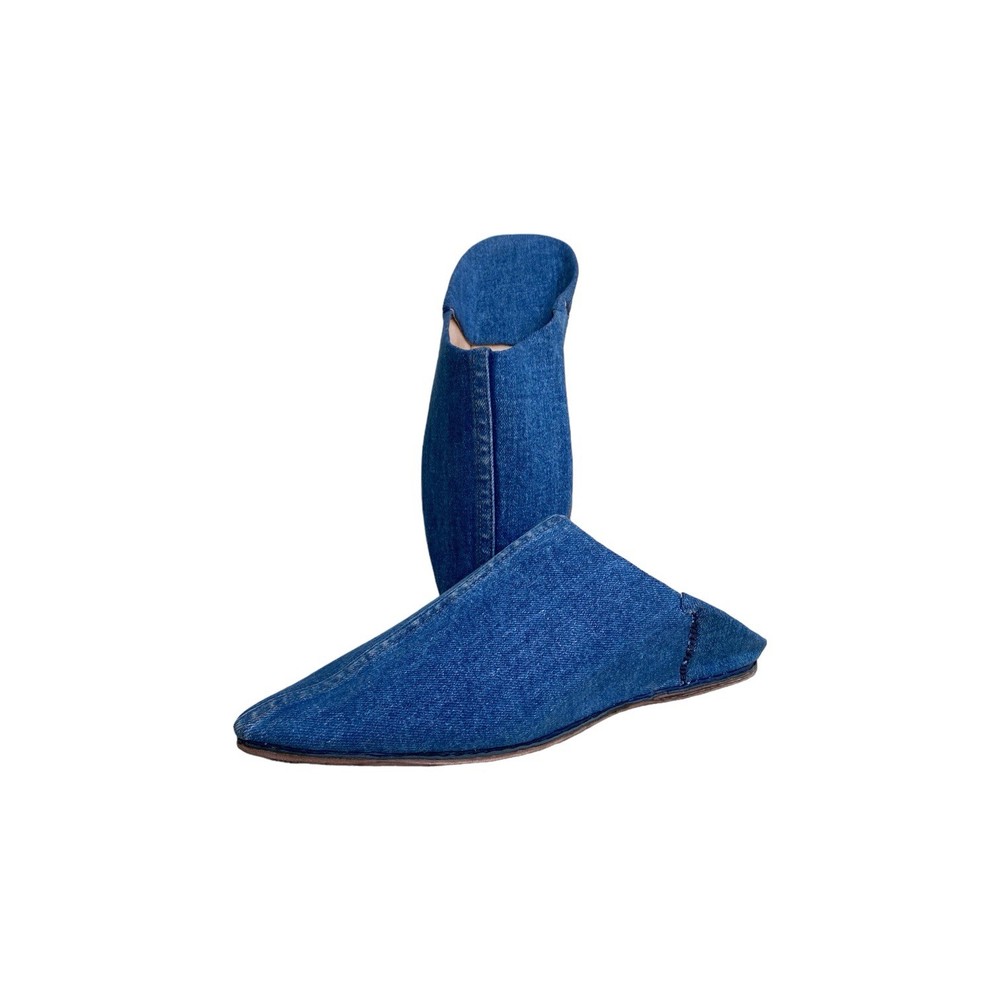 Blue Denim Moroccan Babouches Pointed Toe Leather Lining Handmade