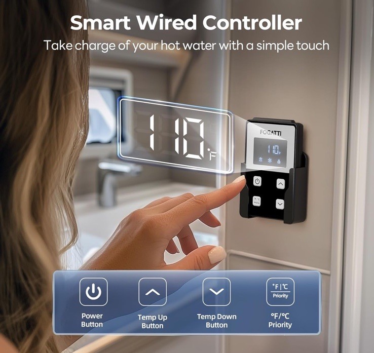 FOGATTI RV Tankless Water Heater, 15"×15" White Door and Remote Controller