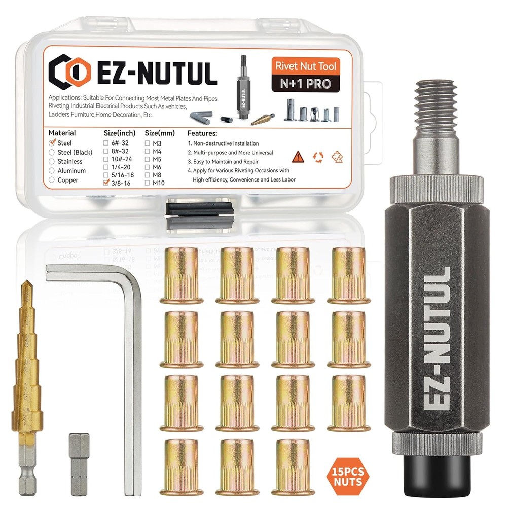 3/8-16 Rivet Nut Installation Tool Set Flat Head Rivnut 15pcs Nutsert Kit