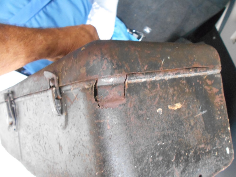 Antique Metal Tool Box with Very Fancy Handle