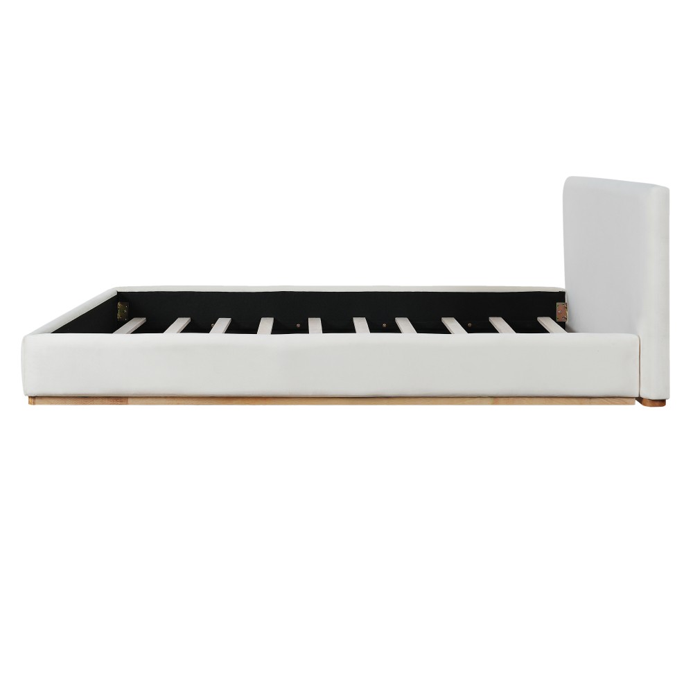 White Velvet King Bed Frame with Solid Wood Headboard & Footboard, Free Ship