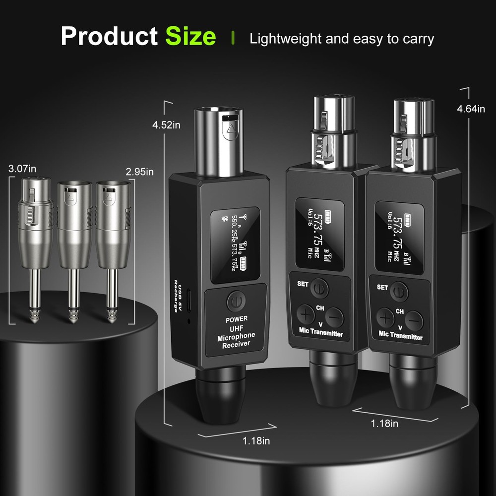 Wireless XLR Transmitter and Receiver Rechargeable Mic Adapter UHF 98ft Range...