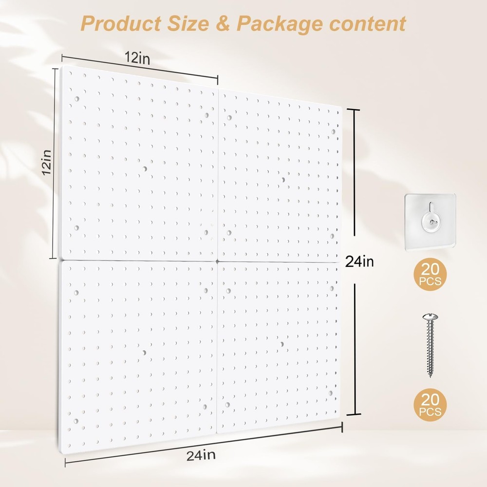 FZK Peg Board, 4 Pack Plastic Pegboard, Pegboard Wall Organizer, White ABS Pe...