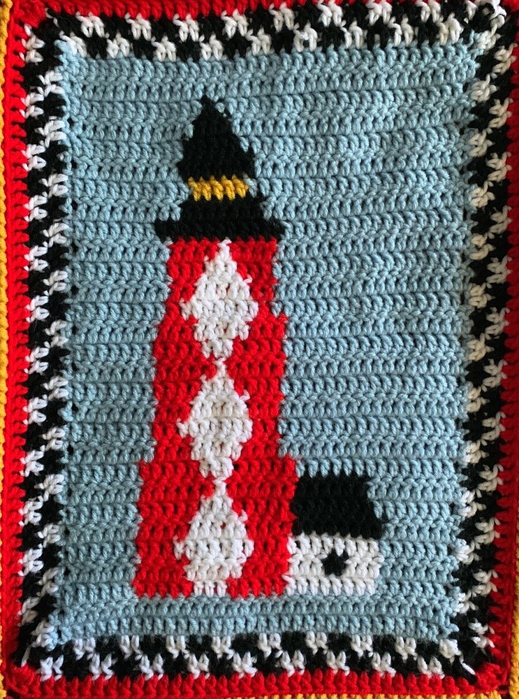 Handmade Nautical Theme Multicolored Lighthouse Patten Crochet Throw Blanket