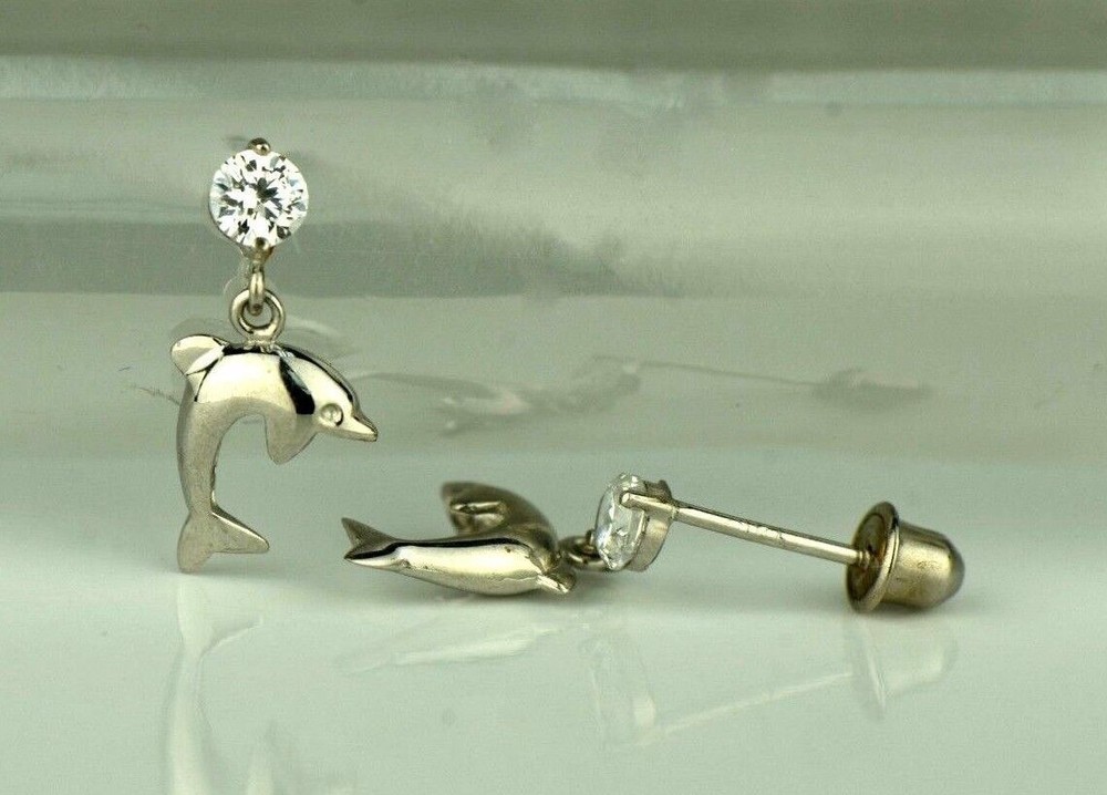 14k Yellow or White Gold CZ Dolphin Stud Earring