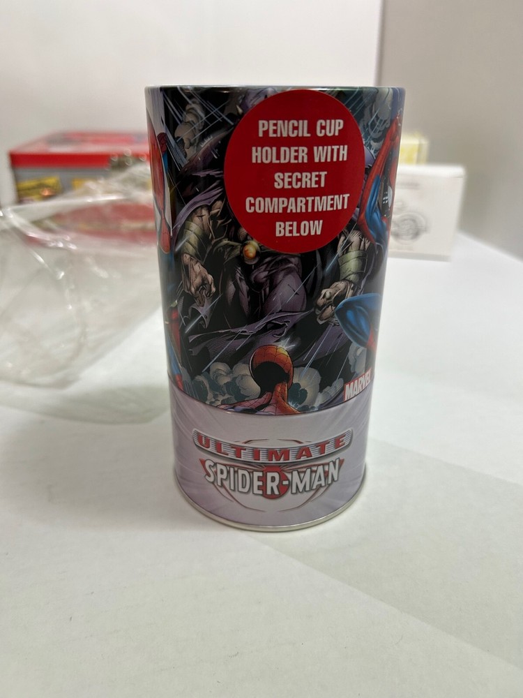 MARVEL 2001. ULTIMATE SPIDERMAN TIN PENCIL CUP WITH HIDDEN COMPARTMENT