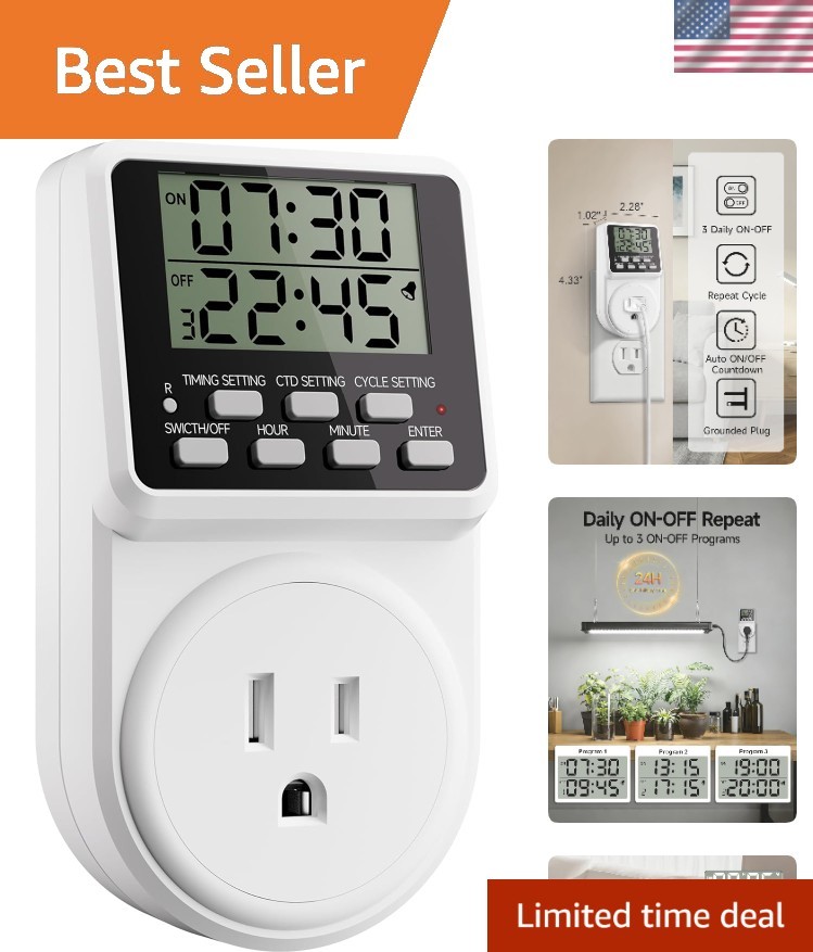 Silent 24-Hour Programmable Timer Switch for Electronics - Safe & User-Friendly