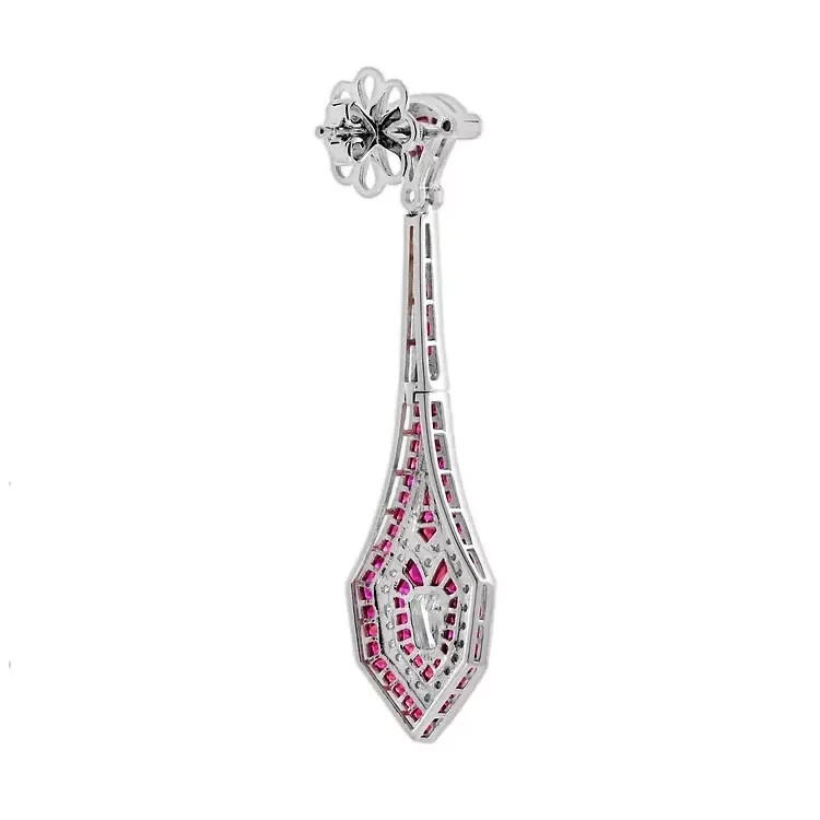14k White Gold Finish Art Deco Style Lab-Created Diamond & Ruby Dangle Earrings