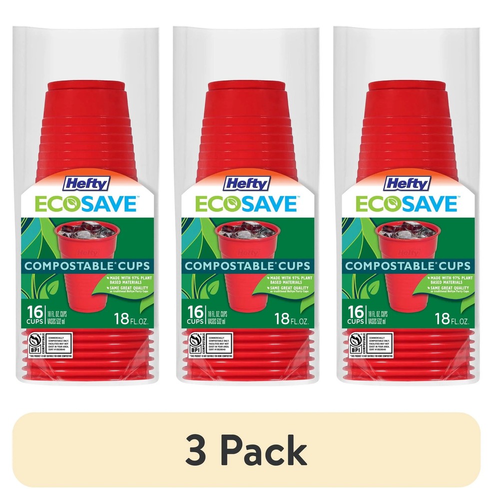 (3 pack) Hefty ECOSAVE Compostable Party Cups, Red, 18 oz., 16 Count