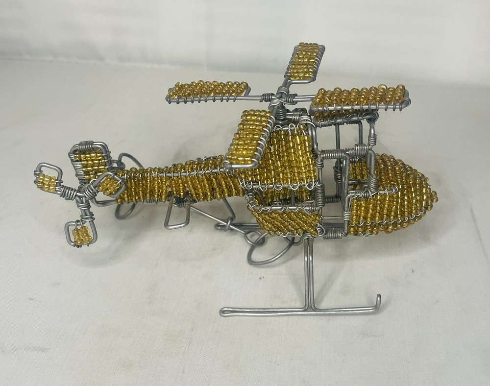 Wire Beeded Sculpture Model Yellow Helicopter . Functional Propellers !