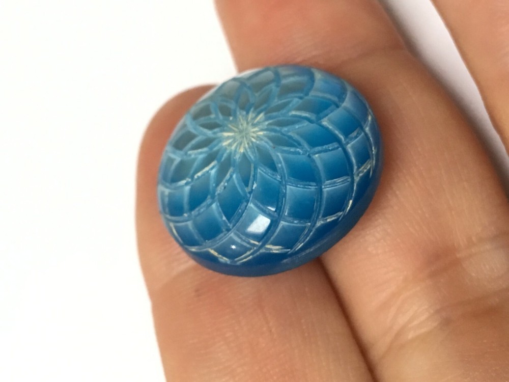 Vintage blue lucite button self shank carved 7/8"