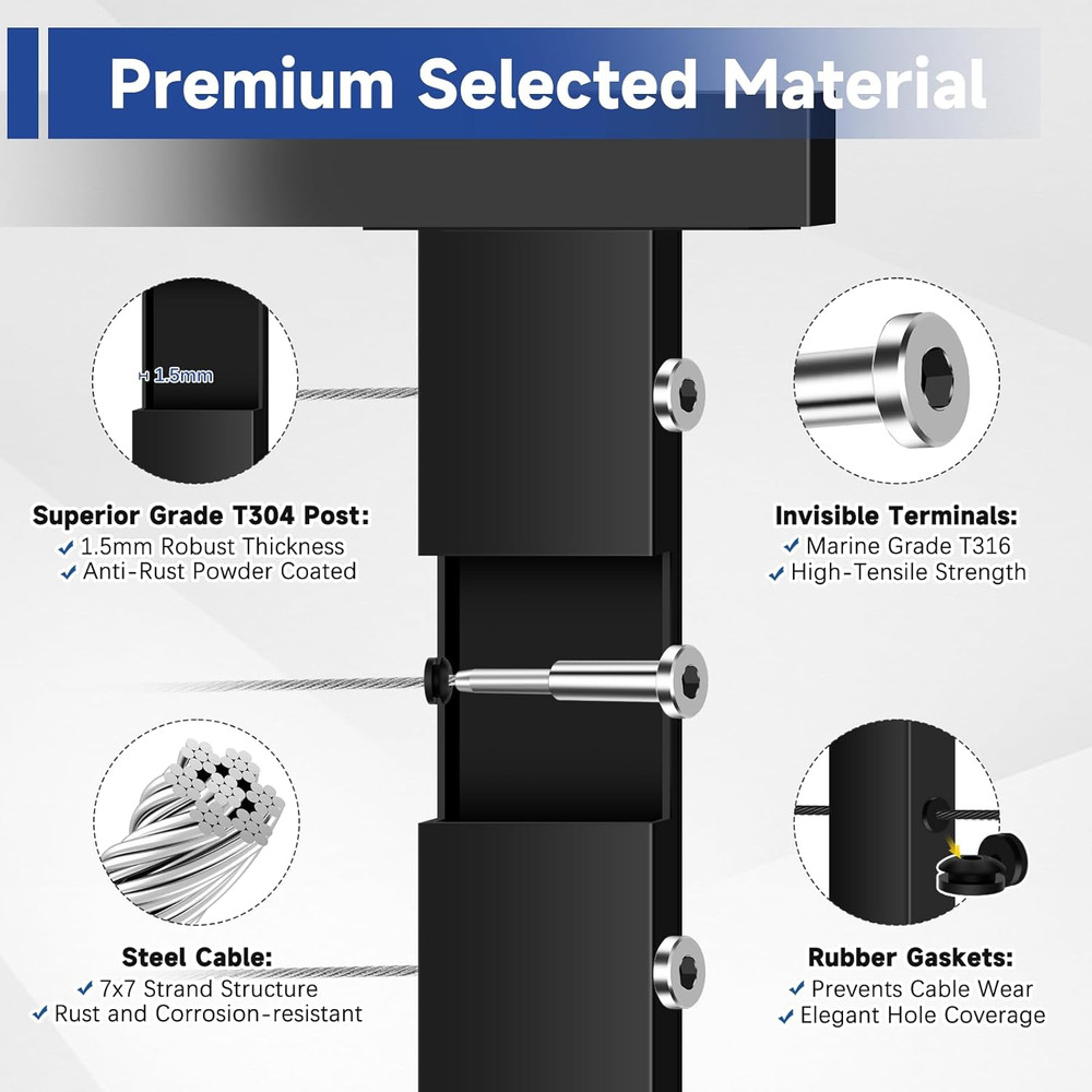 Modular Cable Railing Post Kit 12-16FT with 4 Posts & 197FT Cable System