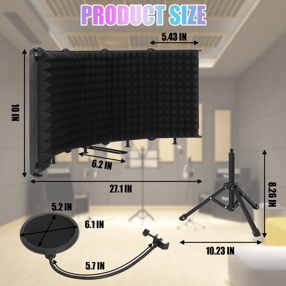 5-Panel Microphone Isolation Shield with Pop Filter and Tripod Stand