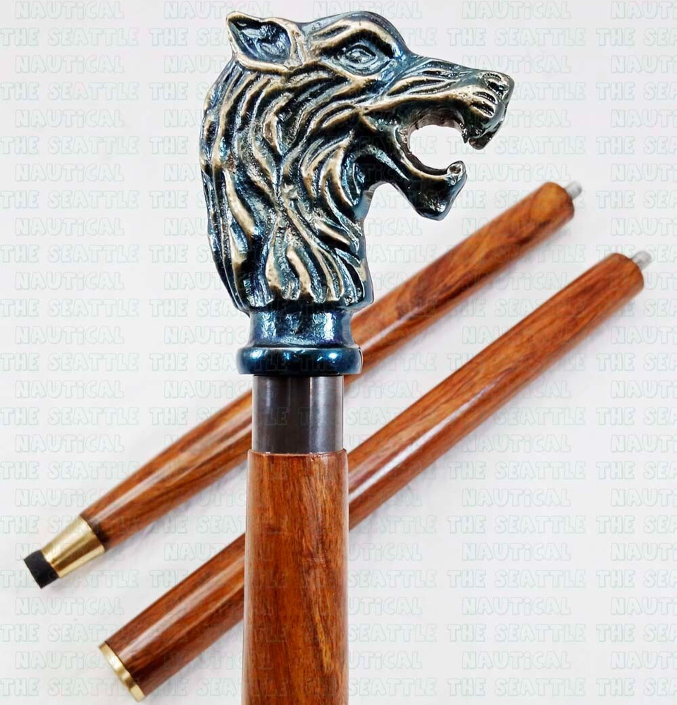 Nautical Solid Wolf Head Design Handle Wooden Style Walking Stick Cane Gift