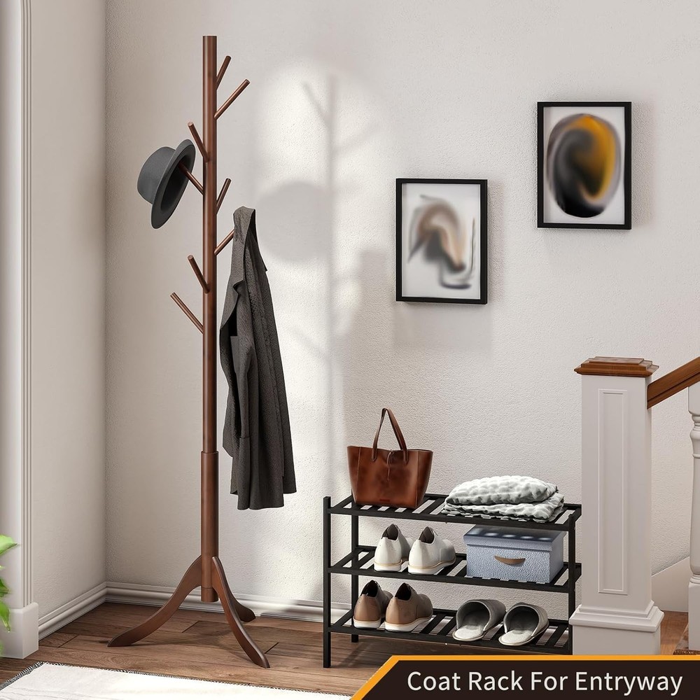 Elegant Bamboo Coat Rack with 8 Hooks - Adjustable Height & Space-Saving Design