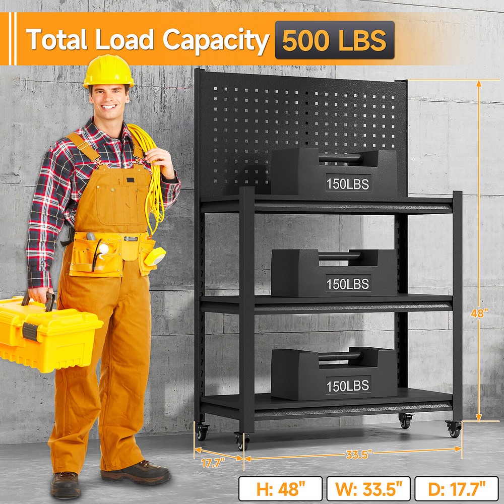 Metal Workshop Shelving Work Bench Garage Tool Storage Shelves W/Pegboard Wheels