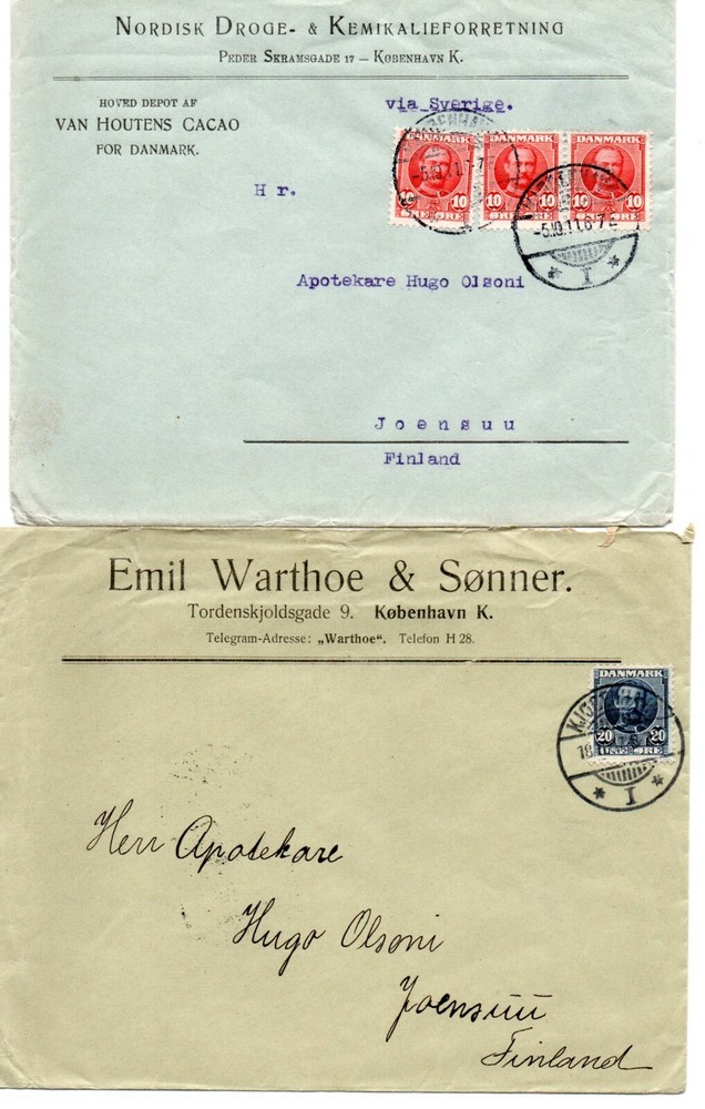 DENMARK: 2 Covers to Finland 1904-11, , arr.canc.