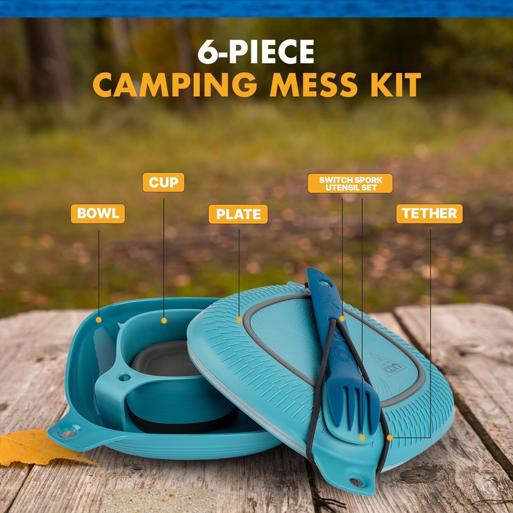 UCO 6-Pc Camping Mess Kit Bowl Plate Cup Switch Spork Bungee Tether