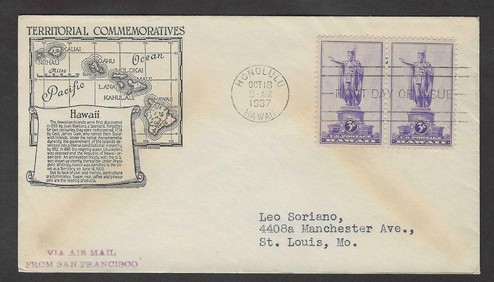 #799 3c Hawaii Territory - Anderson FDC Pair