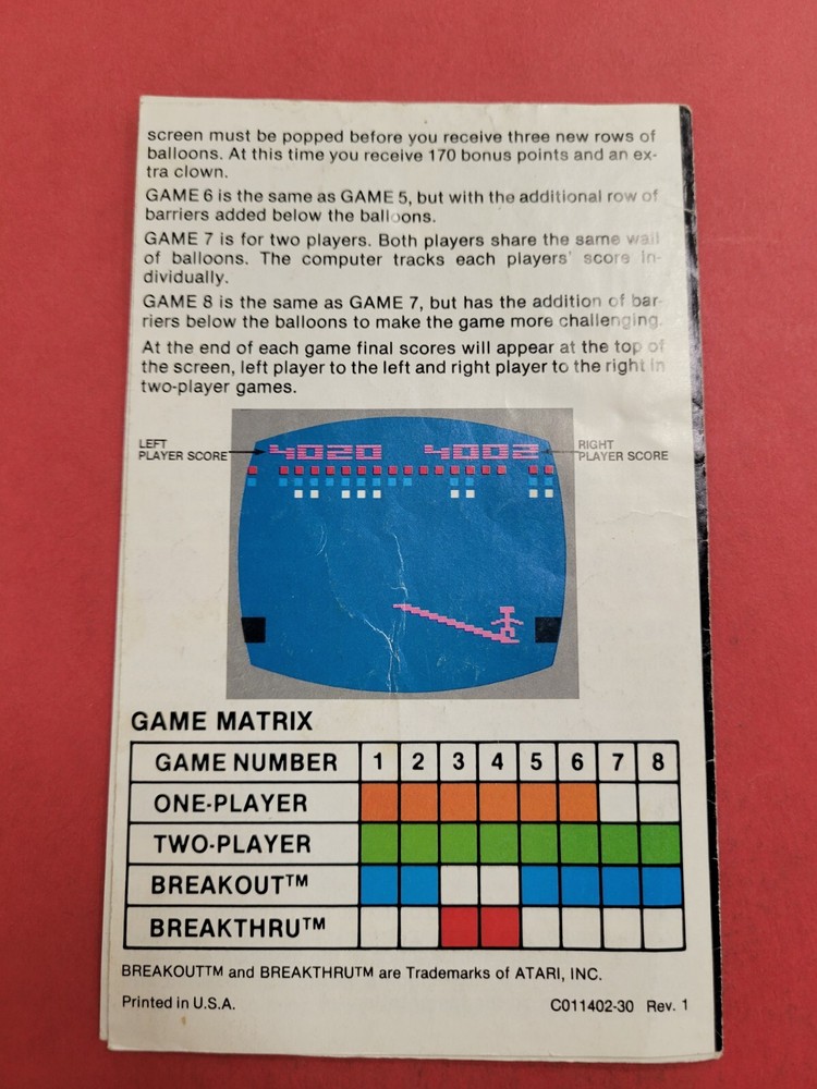 Cricus Atari game program instruction Booklet manual English!!