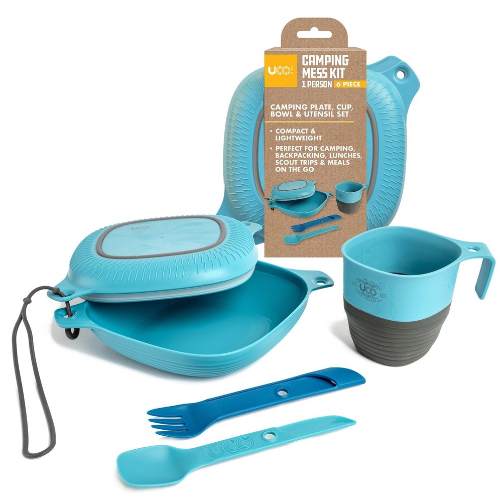 UCO 6-Pc Camping Mess Kit Bowl Plate Cup Switch Spork Bungee Tether
