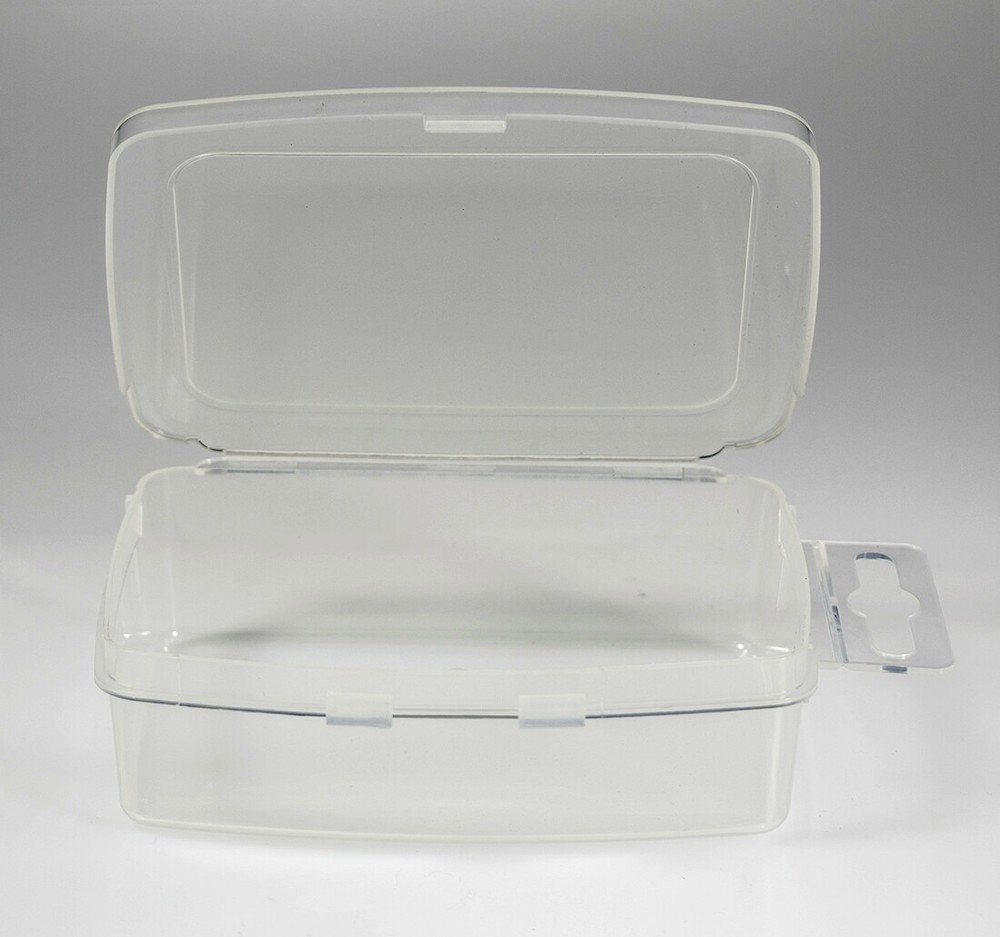 12 Rectangular Clear Plastic Boxes Snap Lids / Hang Tabs for Peg Boards #1389