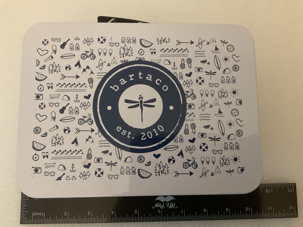 Metal Lunchbox - Bartaco est 2010 - Blue and White - Dragonfly Design