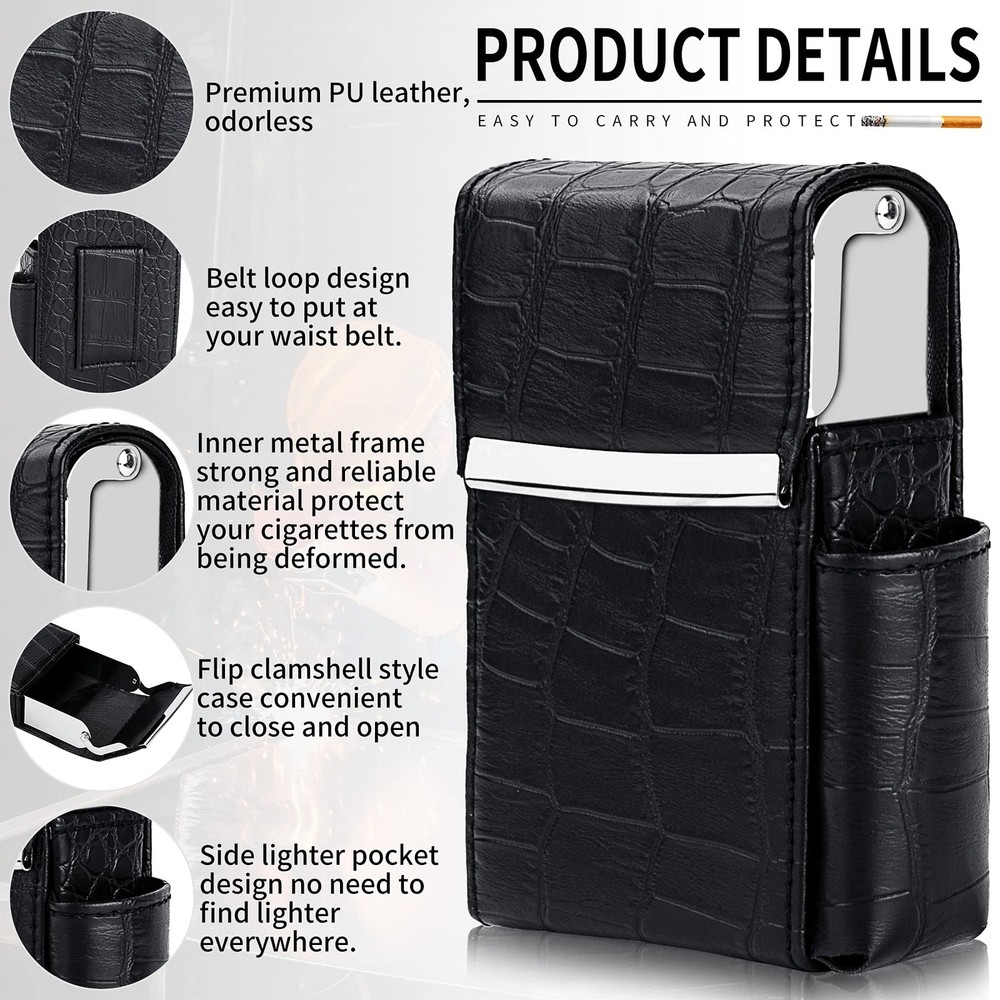 PU Leather Sliding Cigarette Box Case with Lighter Holder and Belt Loop for M...