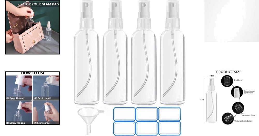 Eco-Friendly 100ml Travel Size Mist Spray Bottles - 4 Pack Refillable Set
