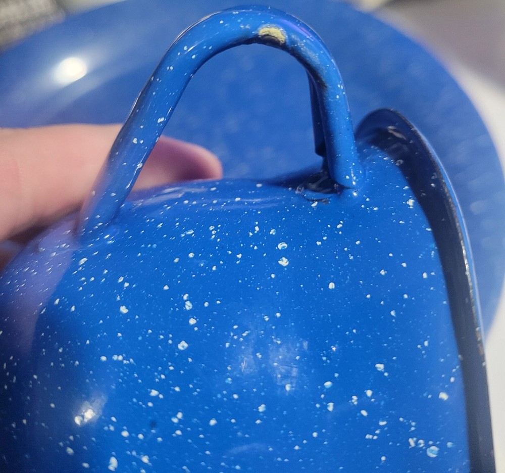 Blue Speckled Enamelware Small Creamer Pitcher & Coffee Cup Mug
