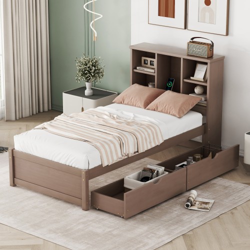 Built-in USB Port On Bookcase Headboard, Modern Twin Size Bed Frame