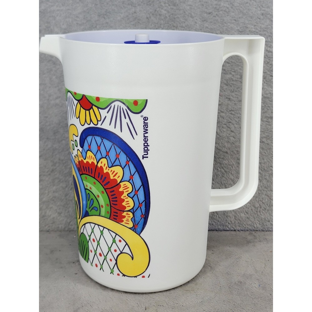 Tupperware Pitcher Talavera Style Floral White Blue Push Button Lid