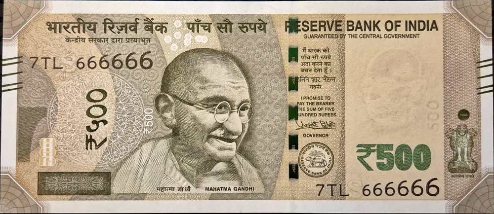 RARE 500 RS FIVE HUNDRED RUPEES SOLID NUMBER 666666 UNC, 2018, INDIA