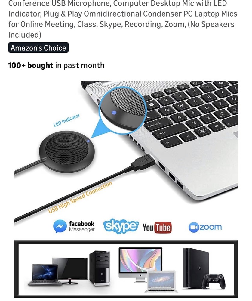 USB Conference Microphone Omnidirectional Plug & Play PC Laptop Mic