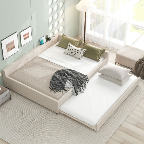 Full Queen Upholstered Daybed with Trundle Day Bed Sofa Beds Platform Bed Frames