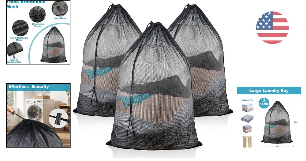 3-Pack Large Mesh Laundry Bags, 24x36 Inch, Drawstring Closure for Delicates